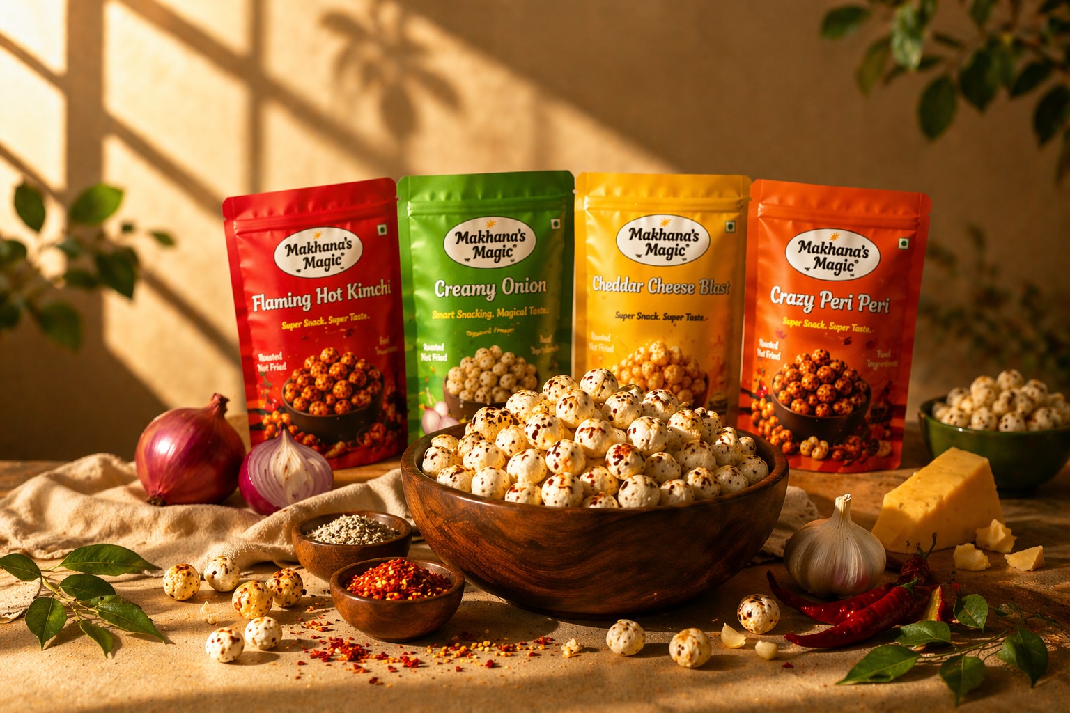Makhanas Magic flavour range arranged with makhana bowls and ingredients