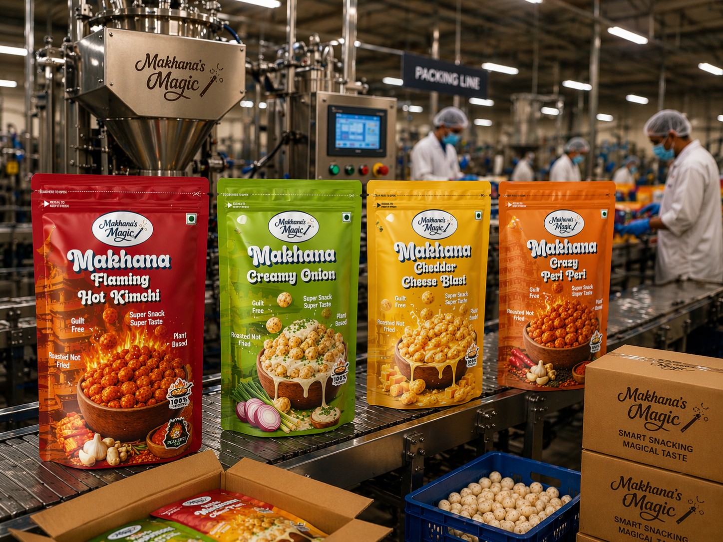 Makhana snacks in factory line