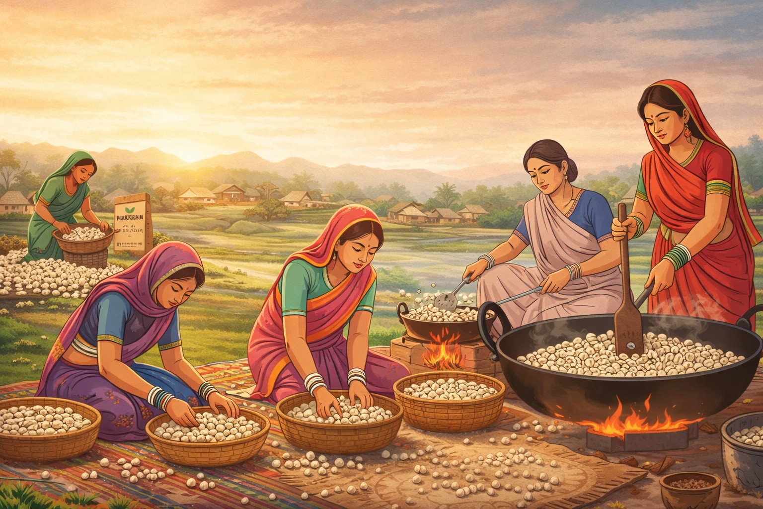 Women processing Makhana at sunset